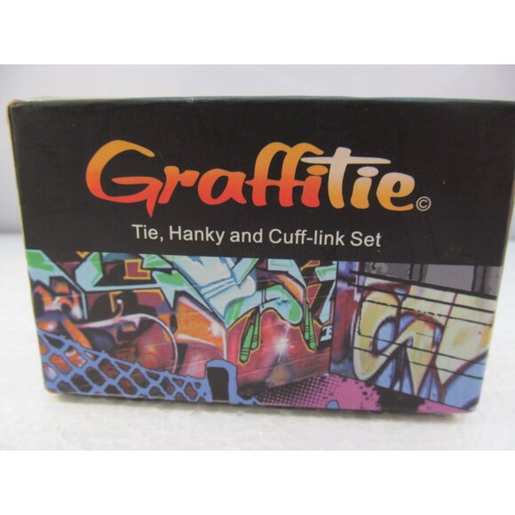 Mens Silk Tie Hanky and Cuff Link Set by Graffitie New in Box - Picture 2 of 14
